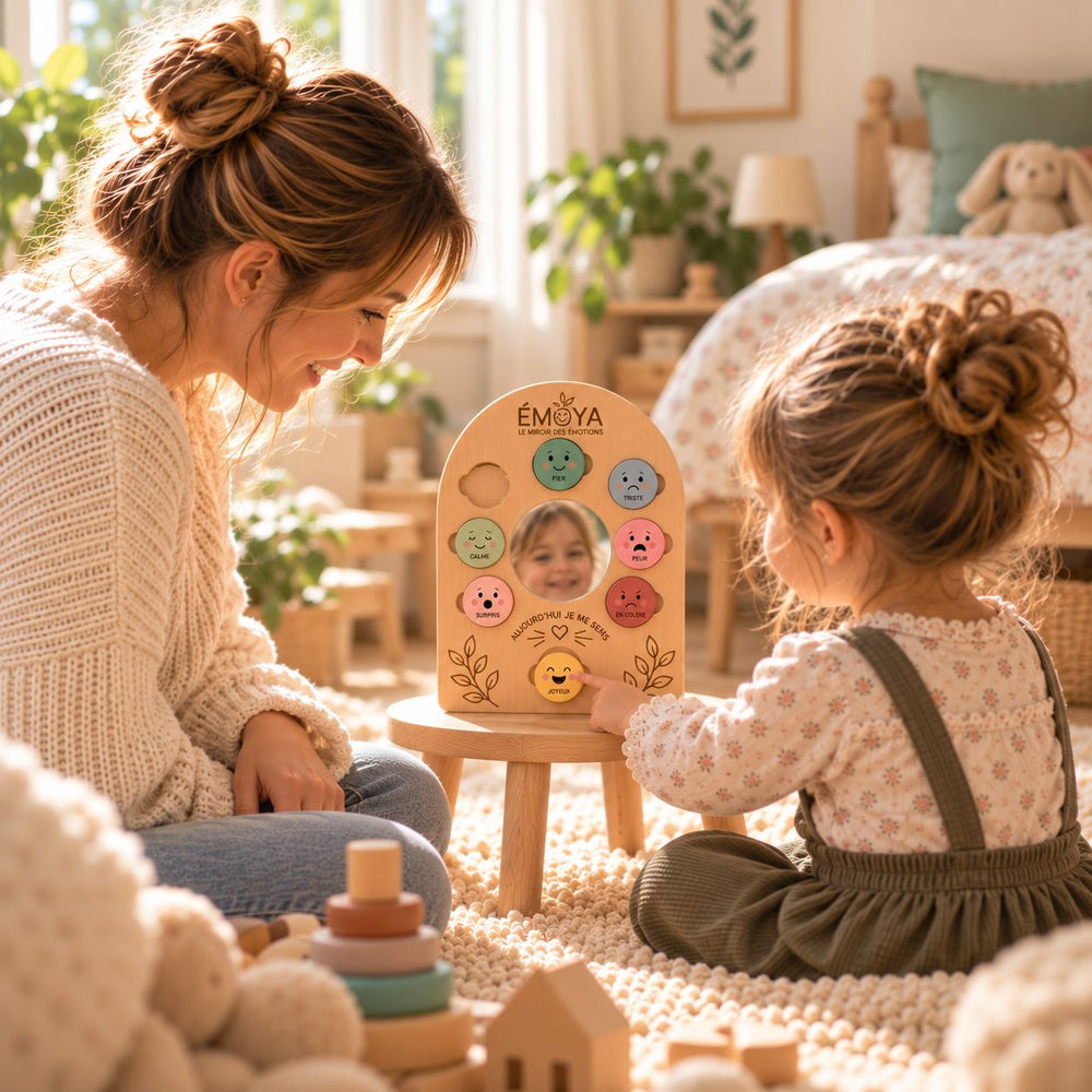 Un parent et un enfant assis sur un tapis devant le miroir des émotions ÉMOYA posé sur un petit tabouret en bois ; l'enfant montre un jeton
