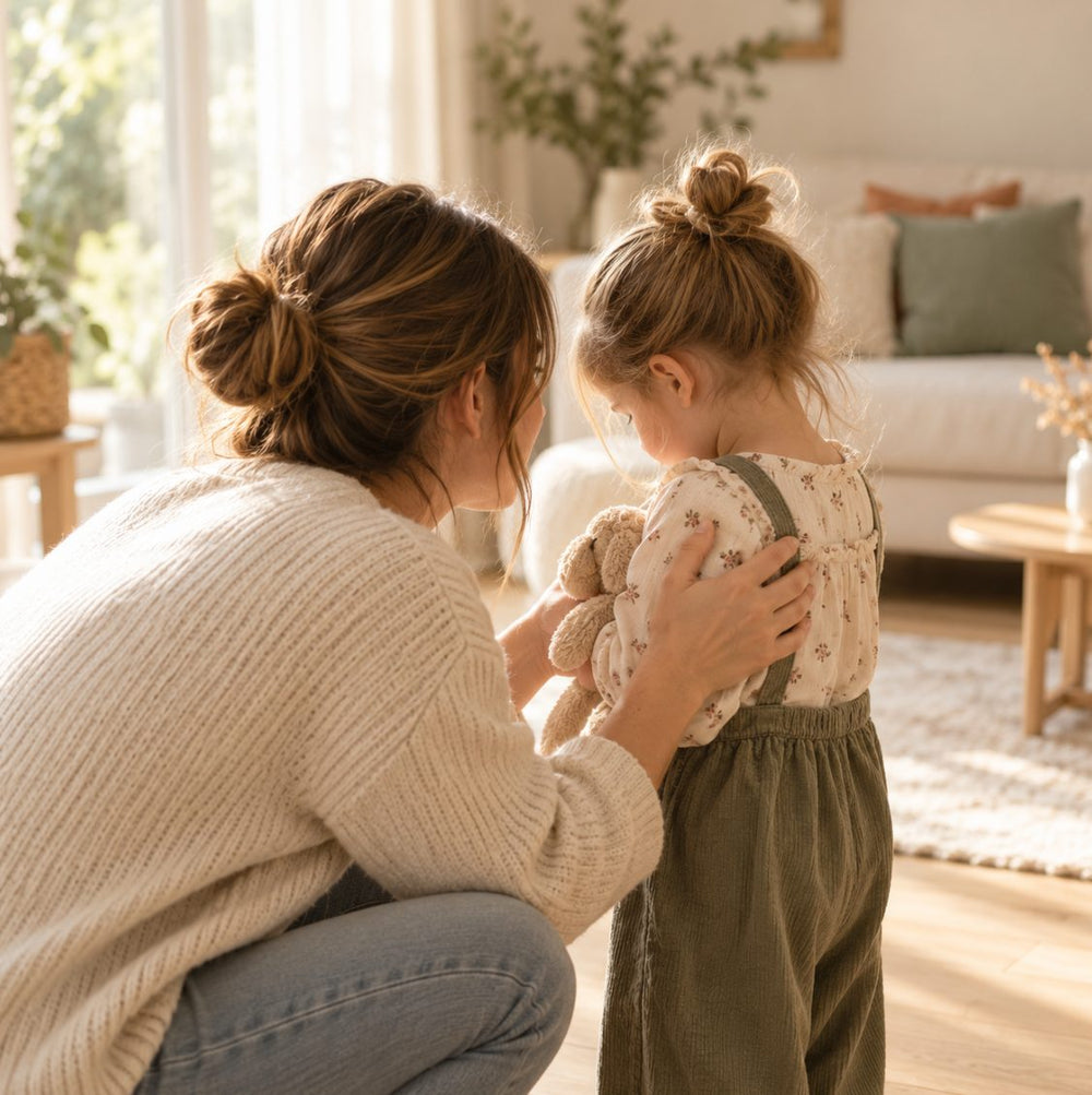 Un parent accroupi à hauteur d'un jeune enfant qui tient un doudou, les mains posées doucement sur ses épaules
